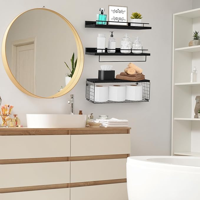 Floating Shelves for Wall, Wood Bookcases, Decor for Kitchen| Farmhouse| Bedroom| Laundry Room| Living Room| Bathroom, Hanging Storage - Black