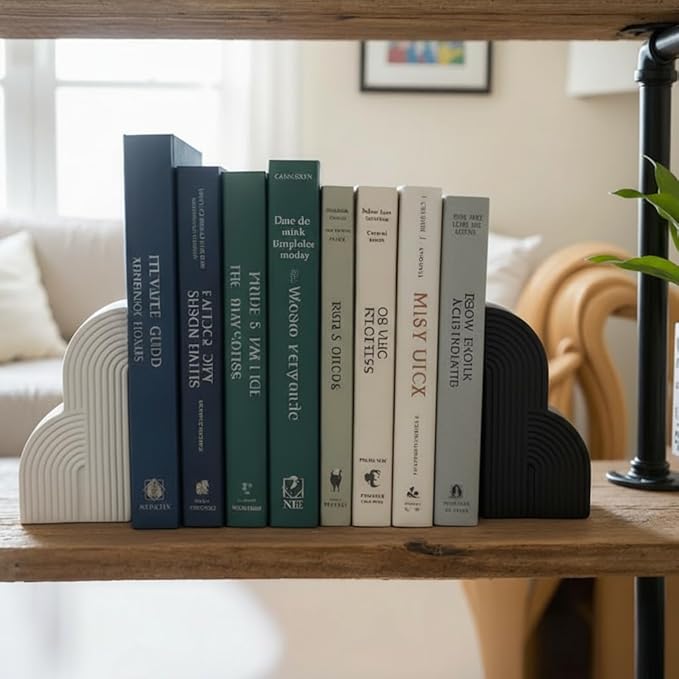 6.6‘’ Decorative Resin Book Ends for Shelves - Modern Bookends for Heavy Books - Minimalist Book Stopper for Aesthetic Home Office Bookshelf Decor - Stylish Gifts for Book Lovers (Black and White)