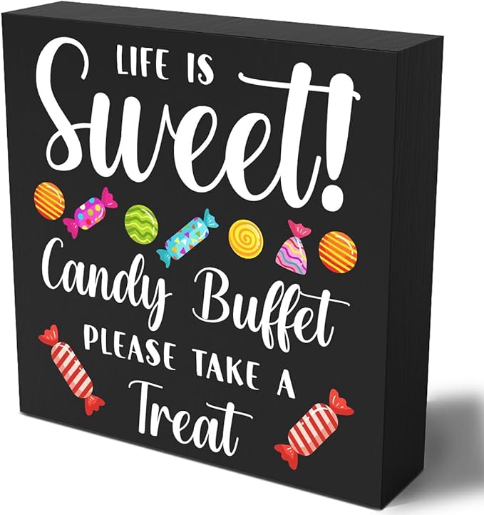 Funny Christmas Candy Buffet Wooden Box Sign Plaque Life is Sweet Candy Buffet Please Take a Treat Wood Box Sign Rustic Art Home Shelf Desk Decor 5 X 5 Inches