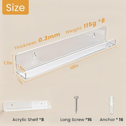 8 Pack Vinyl Record Shelf Wall Mount, 12-Inch Clear Acrylic Album Storage Holder, Floating Display Shelves for Wall Decor, Magazine Shelf, Kids Bookshelf, Suitable for Bedroom, Living Room