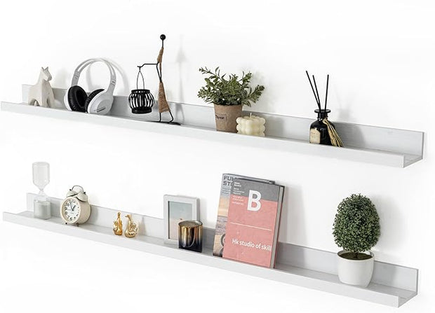 Muzilife 55" Large Floating Wall Ledge Shelves with Lip - Set of 2 Wood Floating Shelves - White Wall Mounted Picture Ledge for Office, Bathroom, Bedroom, Living Room, Kitche