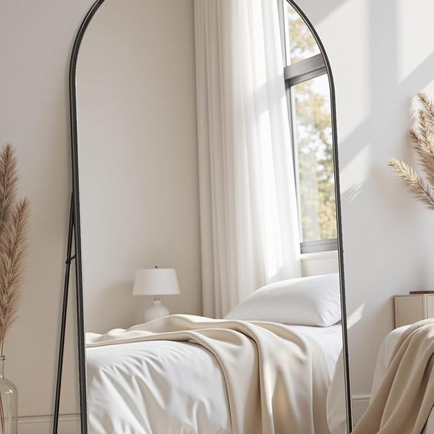 Full Length Mirror with Stand, 72"x44" Arched Full Body Mirror, Large Stand Up Aluminum Frame Floor Freestanding Hanging Leaning Mounted for Bedroom Living Room Entryway Black