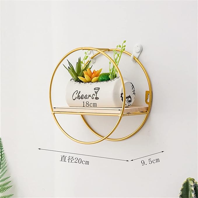 Tyenaza Floating Shelves, Wooden Iron Wall Shelf Living Room Kitchen Bathroom Elegant Exquisite Wall Mounted Storage Shelf for Kitchen Office Bathroom Organization and Home Decor (Round Golden)
