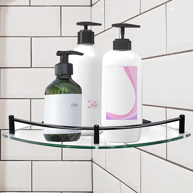 Bathroom Corner Shower Caddy, 9.5" Tempered Glass Bathroom Shelves Wall Mounted, 2 Tier Clear Shower Caddy Organizer and Storage, Corner Shelf Wall Mounted with Stainless Steel Rail - Black