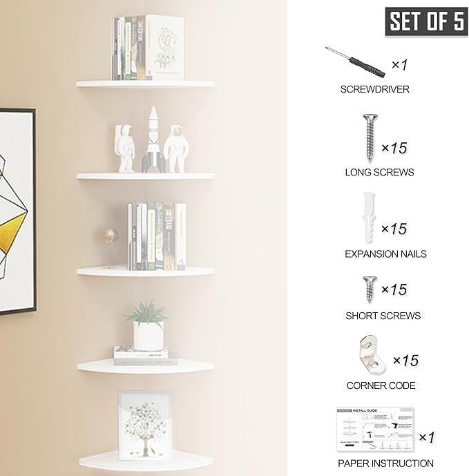 Set of 5 Pieces Corner Mounting Shelf with White, Wood Floating Wall Mounted Storage Shelf for Living Room, Bathroom, Bedroom, Kitchen, Office
