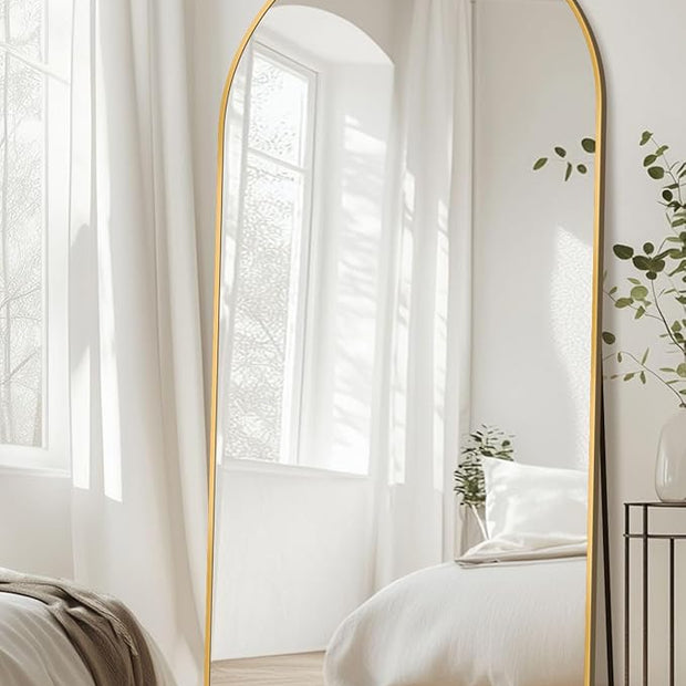 Full Length Mirror with Stand, 78"x38" Arched Full Body Mirror, Large Stand Up Mirrors, Aluminum Frame Floor Standing Mirrors, Freestanding Hanging Leaning Mounted for Bedroom Living Room, Gold