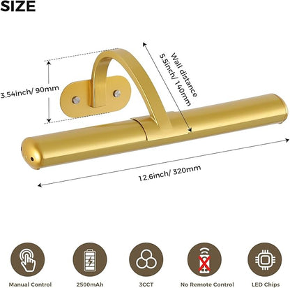 Joossnwell Wireless Picture Light Gold Rechargeable Painting Lamp Battery Wall Light with 3 Modes for Displaying Art, Dartboards and Learn(12.6 Inch)