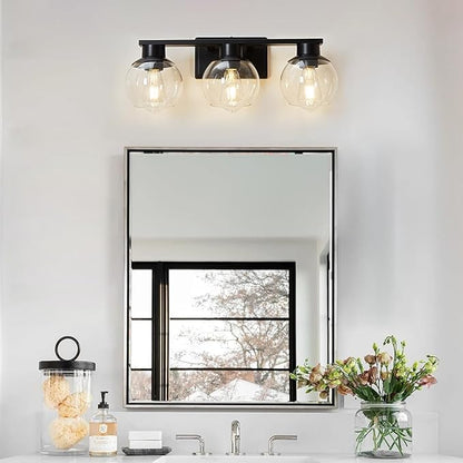 3-Lights Black Bathroom Vanity Lights, Modern Bathroom Lighting Fixtures with Globe Glass Shade, 22in Matte Black Wall lamp for Bath Over Mirror Kitchen Cabinet Living room Hallway Bedroom Porch