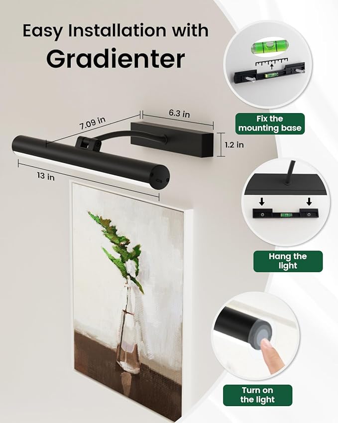 Bridika Picture Lights for Wall Battery Operated with Remote, 3 Color Modes and Dimmable Rechargeable Art Lights for Paintings, Gallery, Bedroom, Bathroom with Timer Black 2
