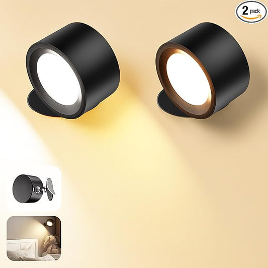 Wall Mounted Lamp LED Wall Lights with Rechargeable Battery Operated, 3 Color Temperatures & 3 Brightness Levels 360°Rotate Magnetic Ball, Cordless Sconces for Bedroom Reading Bedside Black-2 PACK