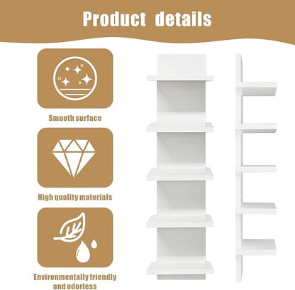 2 PCS 5 Tier Shelves for Wall, Decorative Wall Mounted Vertical Shelving Column Decor Mount Floating Storage Organizer Natural Finish Wall Shelf for Living Room, Bedroom, Bathroom