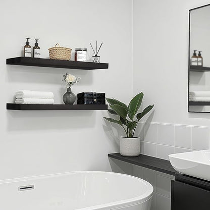 Solid Wood Floating Shelves for Wall 36 inch Bathroom Hanging Wall Shelves Set of 2 for Living Room Bedroom Kitchen Farmhouse 36x6.7 inch - Black