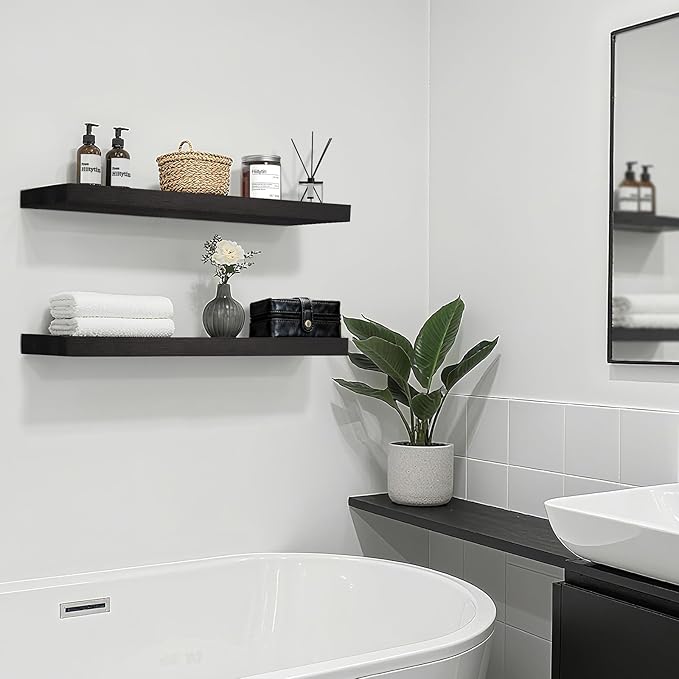 Solid Wood Floating Shelves for Wall 36 inch Bathroom Hanging Wall Shelves Set of 2 for Living Room Bedroom Kitchen Farmhouse 36x6.7 inch - Black