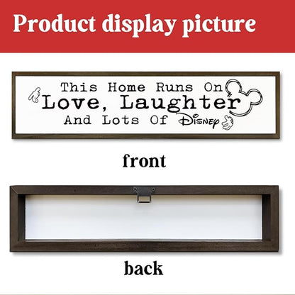 WKYAER Home Sign Decor, Rustic Table Decor, Farmhouse Wall Decoration for Homes Front Door Porch Entryway, Housewarming Gift for Disney Lover, This Home Runs On Love, Laughter and Lots of Disney Sign