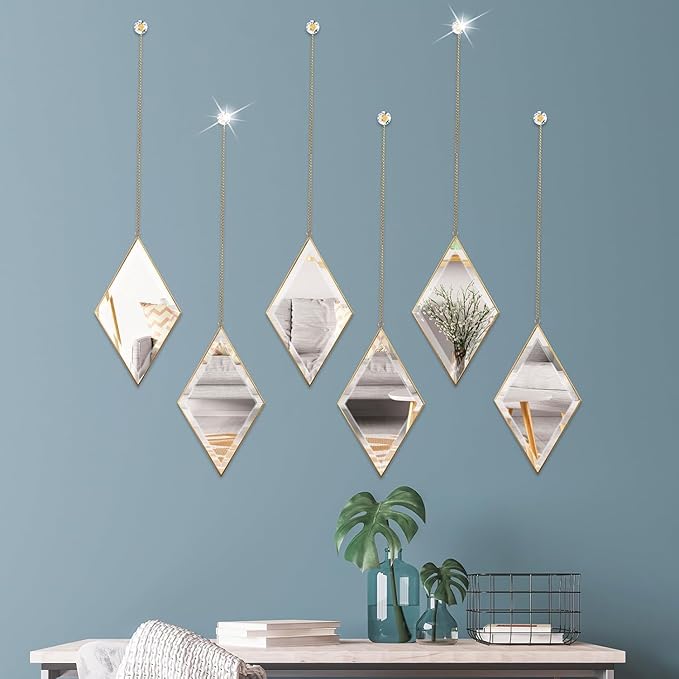 yshengood Diamond Wall Mirror Set of 6 Pcs, Gold Wall Decor Mirrors Small Glass Decor Wall Mirrors for Living Room and Bedroom Decoration