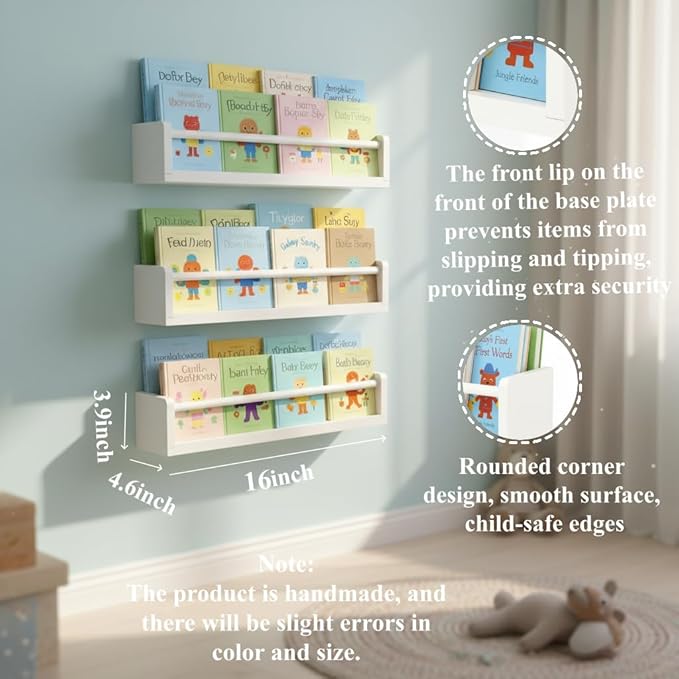 White Nursery Floating Shelves Set of 3– Wall Mounted Kids Bookshelf & Toy Organizer – 16 Inch Rustic Pine Hanging Display Book Shelves for Bedroom, Playroom, and Baby Decor