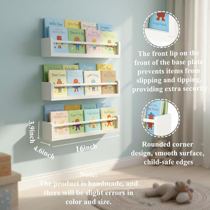 White Nursery Floating Shelves Set of 3– Wall Mounted Kids Bookshelf & Toy Organizer – 16 Inch Rustic Pine Hanging Display Book Shelves for Bedroom, Playroom, and Baby Decor