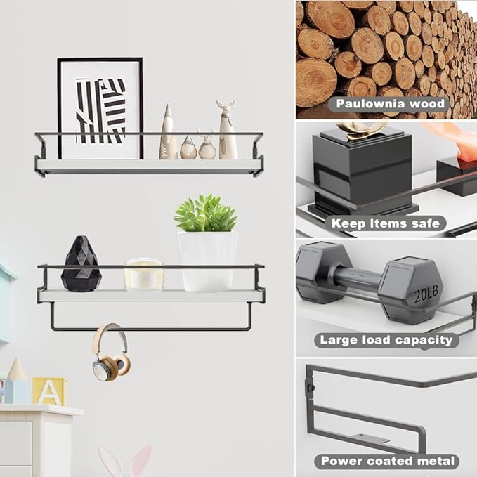 Wall Decor Floating Shelves, Home Decor with Towel Bar/Hooks, Wall Shelves for Bathroom/Living Room/Kitchen/Bedroom, (Black-White) Floating Bathroom Shelves