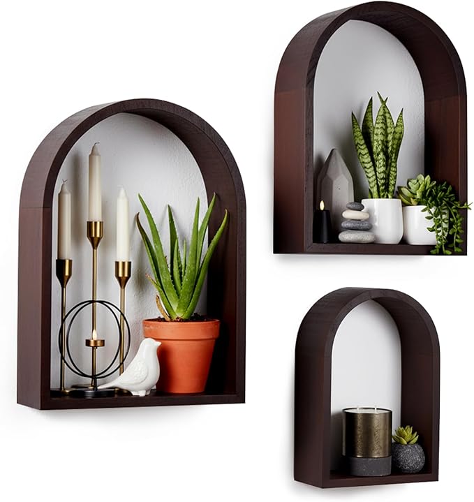 3 Set Wall Shelf 9.8 x 7.1 Inch Wooden Hanging Shelf Deep Display Storage Shelves Floating Shelves for Home Office Room Mini Figures Potted Plants Wall Decor(Arched,Brown)