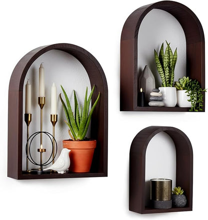3 Set Wall Shelf 9.8 x 7.1 Inch Wooden Hanging Shelf Deep Display Storage Shelves Floating Shelves for Home Office Room Mini Figures Potted Plants Wall Decor(Arched,Brown)
