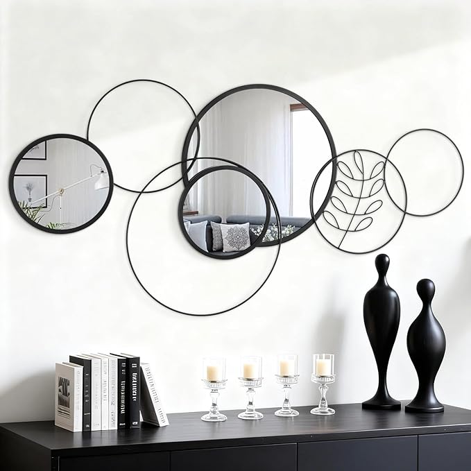 Black Round Wall Mirror Set, Metal Framed Circle Mirror Set Modern Decorative Mirrors for Living Room Bedroom Entryway Bathroom 20x40 Inch Home Decor