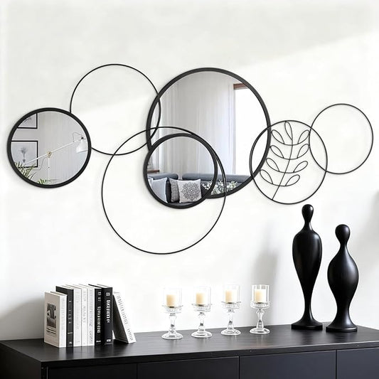 Black Round Wall Mirror Set, Metal Framed Circle Mirror Set Modern Decorative Mirrors for Living Room Bedroom Entryway Bathroom 20x40 Inch Home Decor