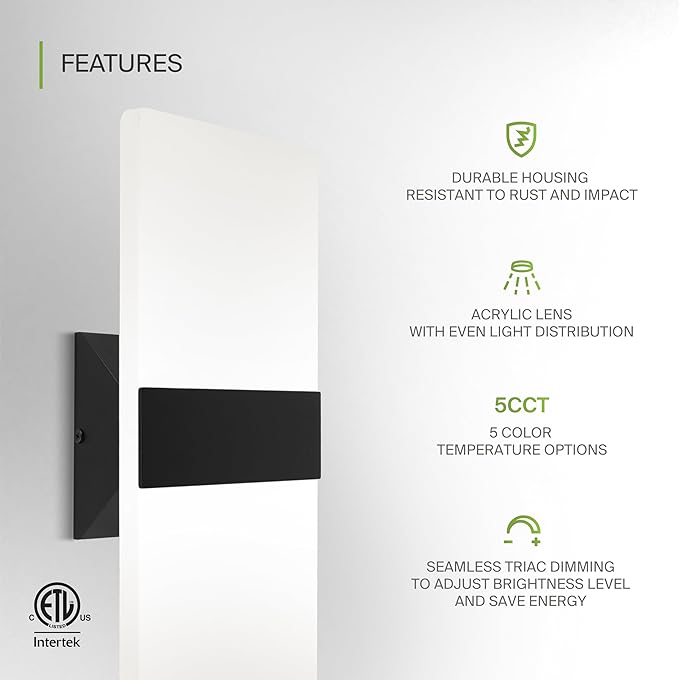 ASD LED Indoor Wall Mount Light Fixture - 14 Inch 24W Modern Interior Matte Black Dimmable Wall Sconce Light - ETL 2700K-5000K Adjustable - Hallway, Bedroom LED Wall Lights, Pack of 2