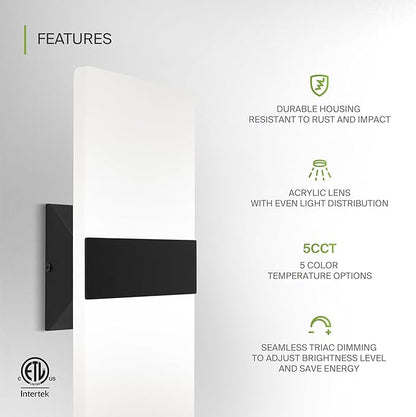 ASD LED Indoor Wall Mount Light Fixture - 14 Inch 24W Modern Interior Matte Black Dimmable Wall Sconce Light - ETL 2700K-5000K Adjustable - Hallway, Bedroom LED Wall Lights, Pack of 2