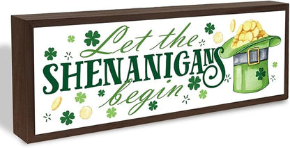 Irish Decor, Let the Shenanigans Begin Sign, Shamrock Decor Art, Green Hat Decors, St Patricks Day Decoration for Home Kitchen Shelf, Coffee Bar Decors, 9.5x3.1x1 inches