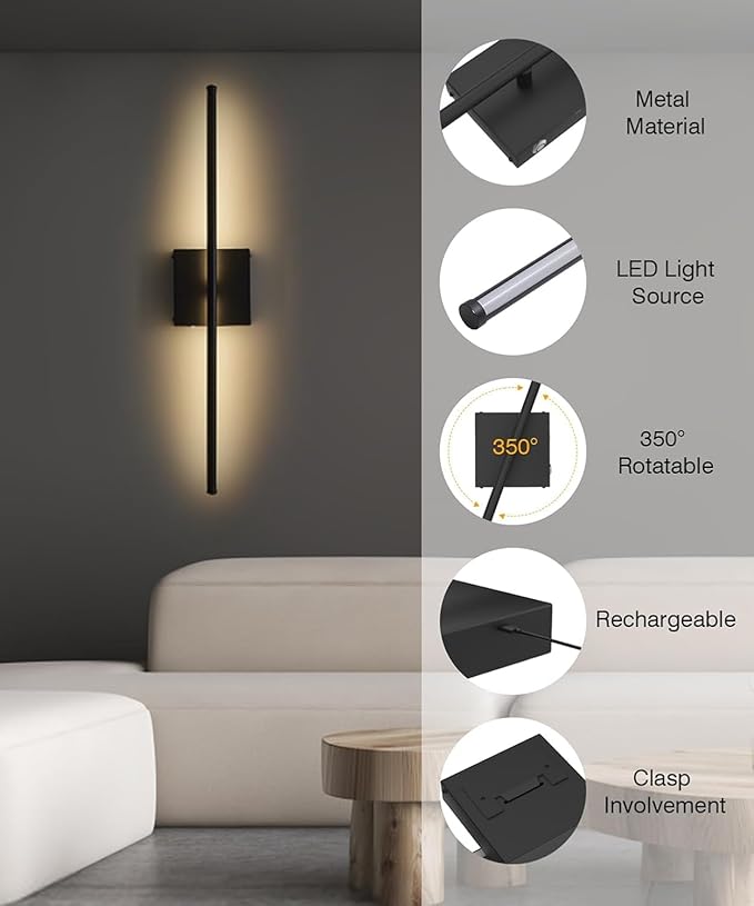 Battery Operated Wall Sconces Set of 2, Dimmable Battery Wall Sconce with Remote Control, Black LED Rechargeable Sconces, 36 Inch Modern Wireless Wall Lights for Bedroom, Living Room,Hallway