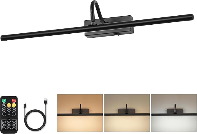 Black Picture Light, 24inch Wireless Picture Lights for Wall Rechargeable, 10000mAh Battery Wall Light with Remote, 3 Color Art Lighting for Paintings with Timer and Dimmable for Display, Gallery