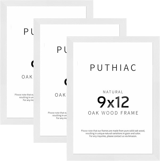 puthiac 9x12 Solid Oak Wood Picture Frame, Fits 6x8 with Mat or 9x12 Without Mat, Wall or Tabletop Display with Stand, Vertical or Horizontal, Plexi Front, 3 Pack, White