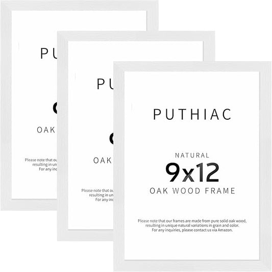 puthiac 9x12 Solid Oak Wood Picture Frame, Fits 6x8 with Mat or 9x12 Without Mat, Wall or Tabletop Display with Stand, Vertical or Horizontal, Plexi Front, 3 Pack, White