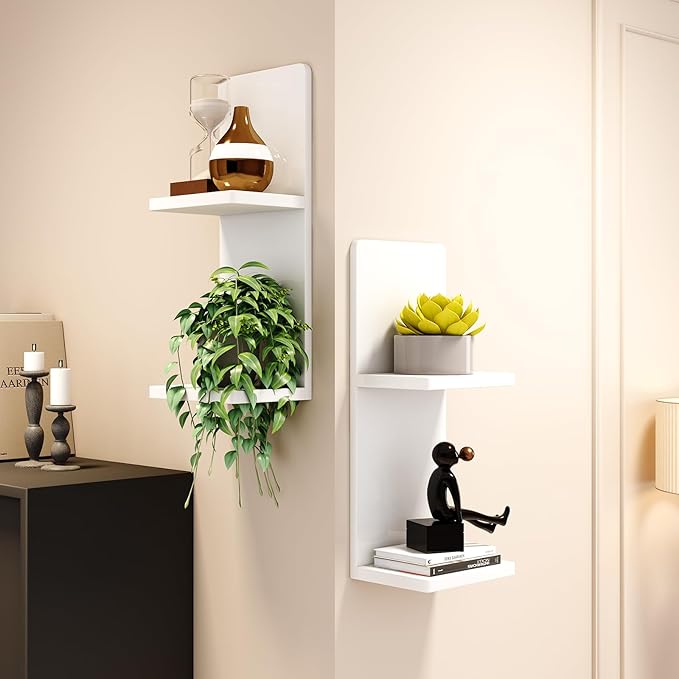 Floating Wall Shelves Set of 2, White Solid Wood Double Layer Wall Mounted Shelf, 20 x 8 x 6 Inches, Modern Storage for Bedroom, Bathroom, Kitchen, Home Decor, Plants & Cosmetics
