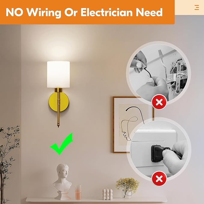 NIORSUN 15 inch Battery Operated Wall Sconce Set of 2, Gold Wireless Rechargeable Wall Lights with 5200mAh Dimmable Detachable Bulbs and Remote, 9 Colors Sconces Wall Decor for Bedroom Living Room