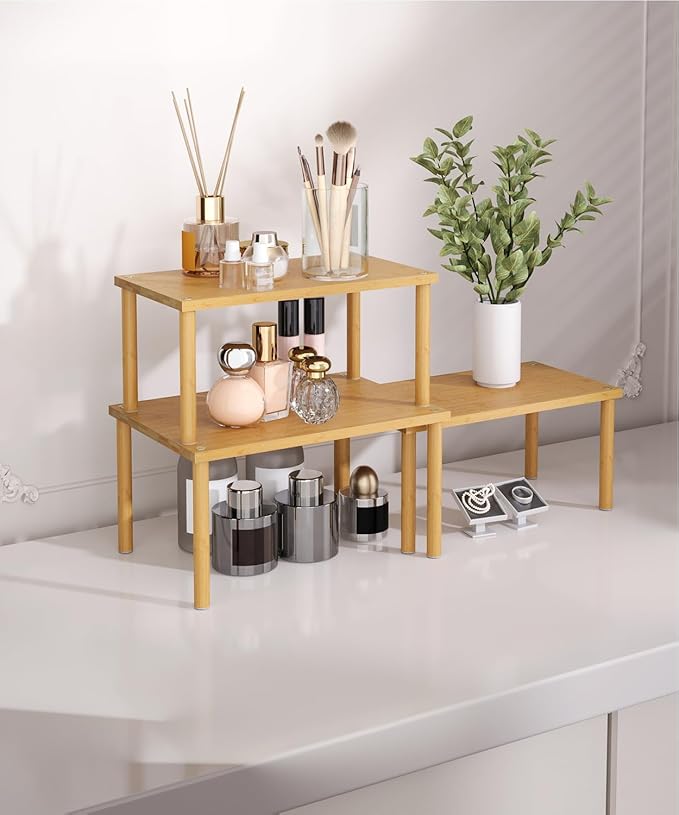 Cabinet Organizer Shelf(Set of 3),Bamboo Kitchen Counter Shelves for Countertop and Cabinet,Stackable Shelf Spice Racks,Medium(Natural)