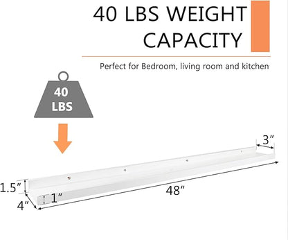 48 Inch White Long Floating Shelves Wall Mounted, Solid Oak Wood Shelf for Storage, Modern Picture Ledge Shelf for Bedroom Living Room Bathroom Kitchen, 48 * 4 * 1.5 (1 Pack)