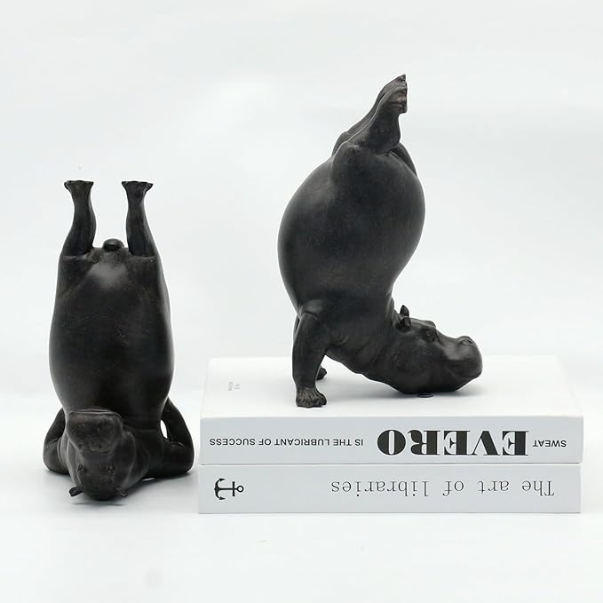 Lukitas Upside Down Hippo Decorative Bookends, Non-Slip Book Holders, Whimsical Animal Ornaments for Office Home Bookshelf Decor, Black, Resin 8.5''