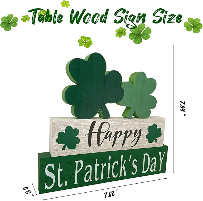 Happy St. Patrick's Day Table Decor Shamrock Home Office Wooden Table Top Decor Centerpiece Decorations for Tiered Trays Shelf Coffee Bar Mantle Windowsill