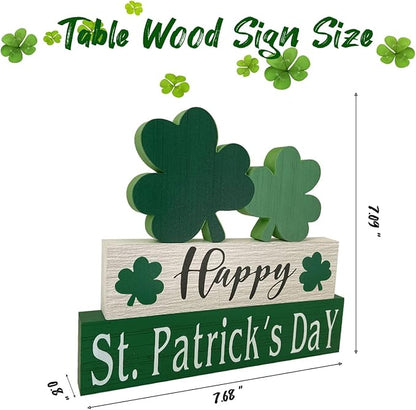 Happy St. Patrick's Day Table Decor Shamrock Home Office Wooden Table Top Decor Centerpiece Decorations for Tiered Trays Shelf Coffee Bar Mantle Windowsill