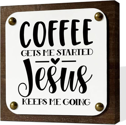 Coffee Wood Sign, Coffee Decor Art, Wooden Box Signs Decors Art, Christian Coffees Decors, Home Decor Accent, Coffees Gets Me Started Jesus Keeps Me Going Sign