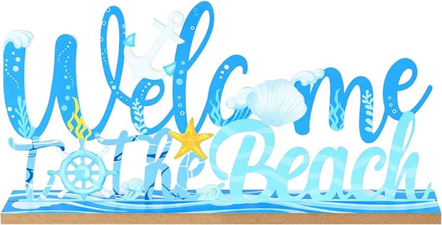 MEETYAMOR Coastal Beach Decor, Wood Metal Welcome to the Beach Sign for Table Decor, Farmhouse Rustic Nautical Ocean Decorations for Home, Living Room, Mantel, Shelf