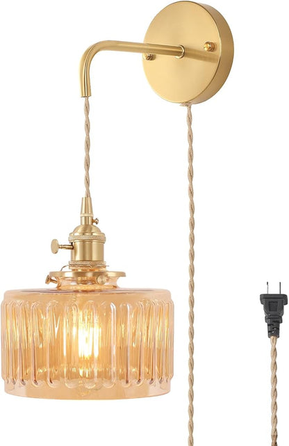 Vintage Wall Sconce Wall Lamp with Amber Striped Glass Shade Hanging Wall Sconce with 4.9FT Plug in Cord, Modern Wall Lamp Fixtures Decor for Bedside Bedroom Indoor Doorway