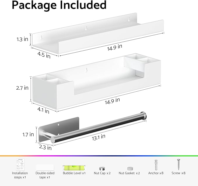 HIIMIEI Bathroom Shelves Wall Mounted: White Floating Shelf with Hand Towel Bar, 14.9in Acrylic Hanging Shelves Over Toilet, Set of 3 Bathroom Organizers Rack for Skin Care, Perfume, Lotion Storage