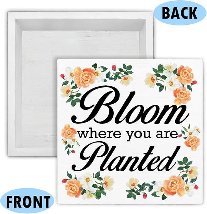 Spring Decor - Spring Decorations for Home - Bloom Where You Are Planted Wood Sign Home Desk Table Shelf Tabletop Decor 5×5 Inches