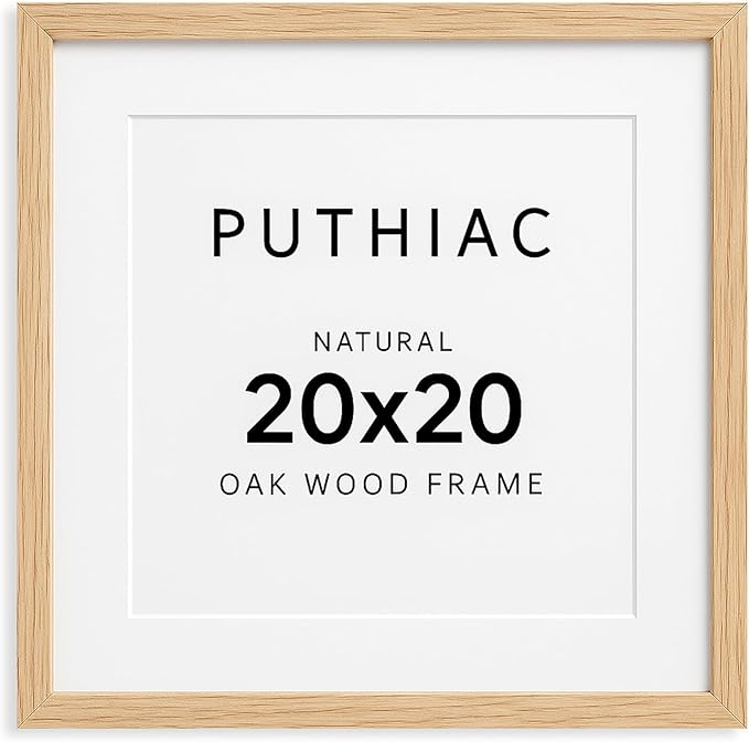 puthiac 20x20 Solid Oak Wood Picture Frame, Fits 16x16 with Mat or 20x20 Without Mat, Wall Display Only, Plexi Front, 1 Pack, Natural Oak