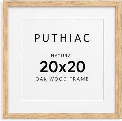 puthiac 20x20 Solid Oak Wood Picture Frame, Fits 16x16 with Mat or 20x20 Without Mat, Wall Display Only, Plexi Front, 1 Pack, Natural Oak