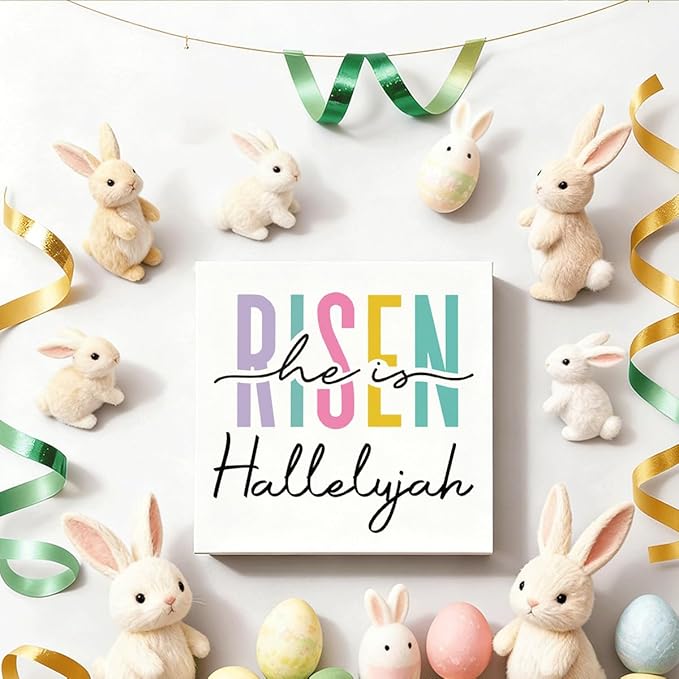 Easter Decorations for Home Christian Wooden Box Sign, He Is Risen Hallelujah Rustic Farmhouse Decor, Inspirational Religious Desk Shelf Tabletop Plaque for Living Room Bedroom Office Spring Gift