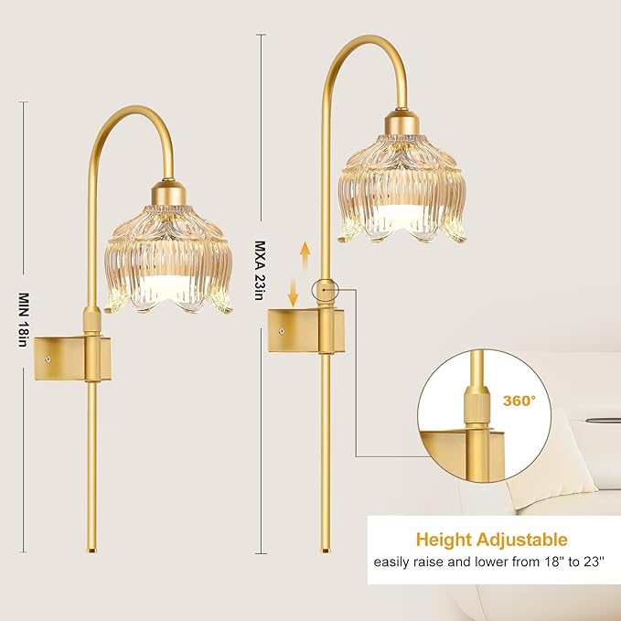 Vintage Battery Operated Wall Sconce with Flower Glass lampshade,Dimmable Battery Operated Wall Sconces Set Of Two,Rechargeable Battery Wall Lights lamp with13 Colors for Bedroom Living Room Hallway