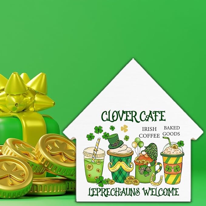 Coffee Sign Decor, St. Patrick's Day Kitchen Decor, Clover Cafe House Shaped Wood Block Sign, Home Coffee Bar Decorations for Desk Table Shelf, St Patricks Day Decorations